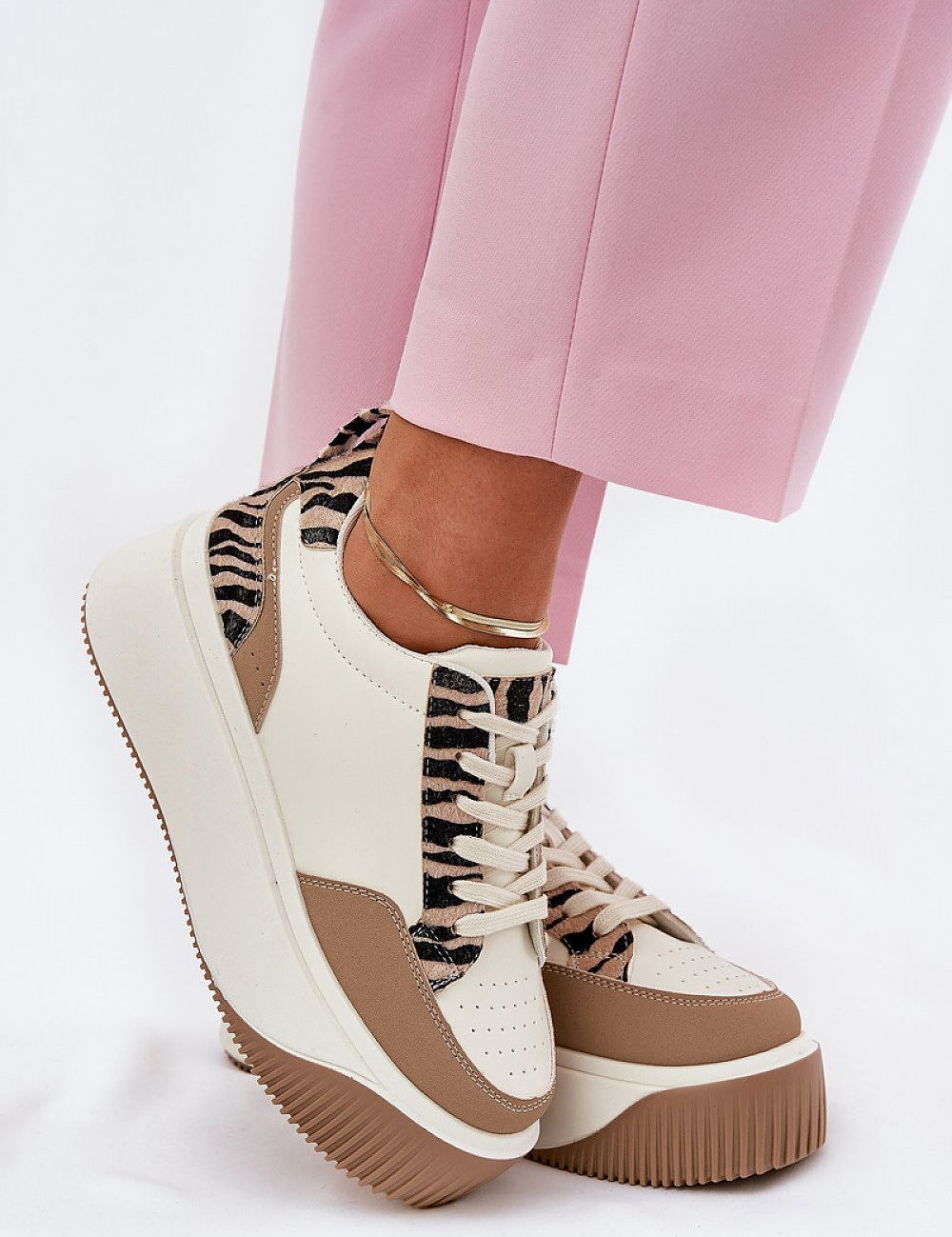 Vervonne Animal Pattern Platform Sneakers with 5cm platform and cushioned foam insole, worn with pink pants.