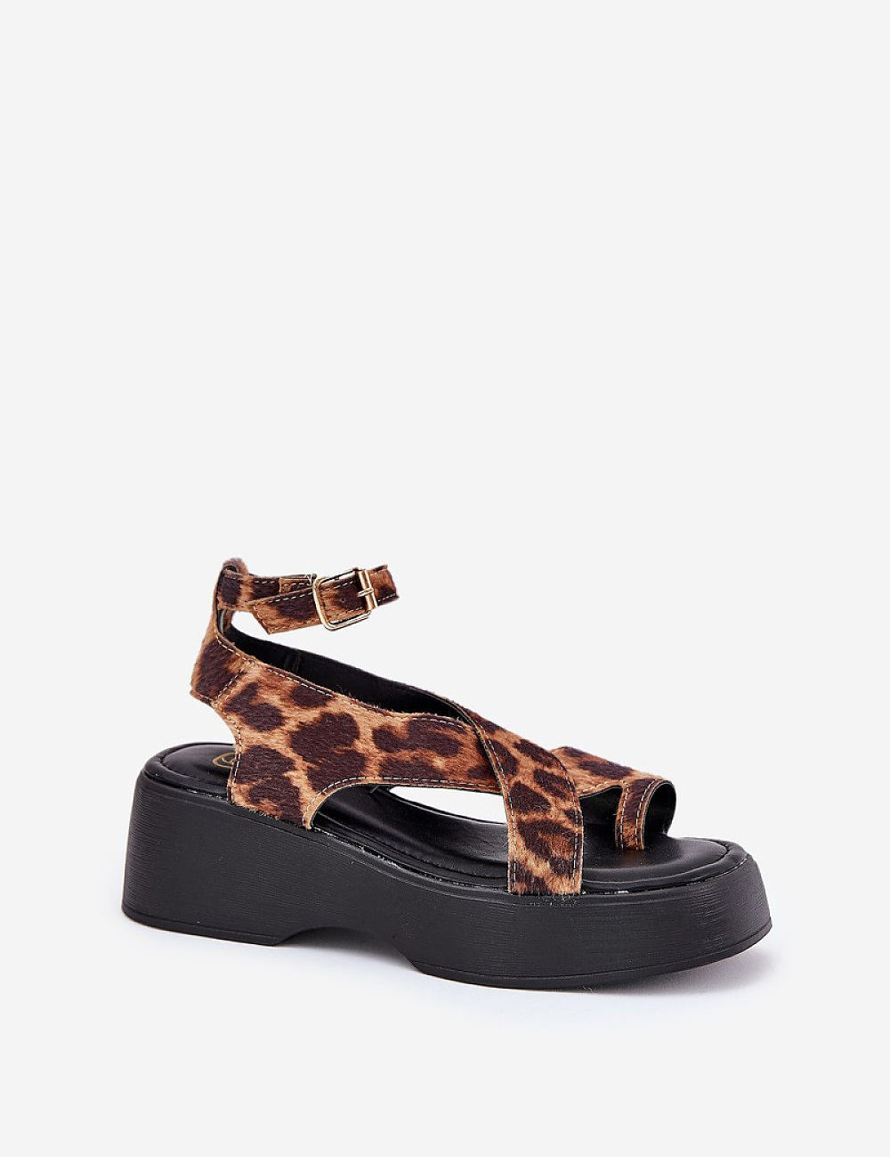 Leopard-print Lirianne platform buckle sandals with eco leather, open toe, wedge platform, and ankle strap on white background.