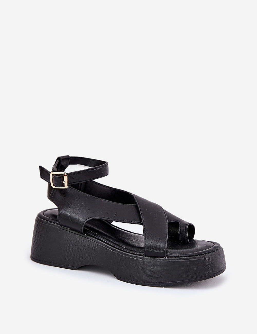 Lirianne Platform Buckle Sandals in black eco leather with wedge platform and ankle strap, perfect for stylish summer wear.
