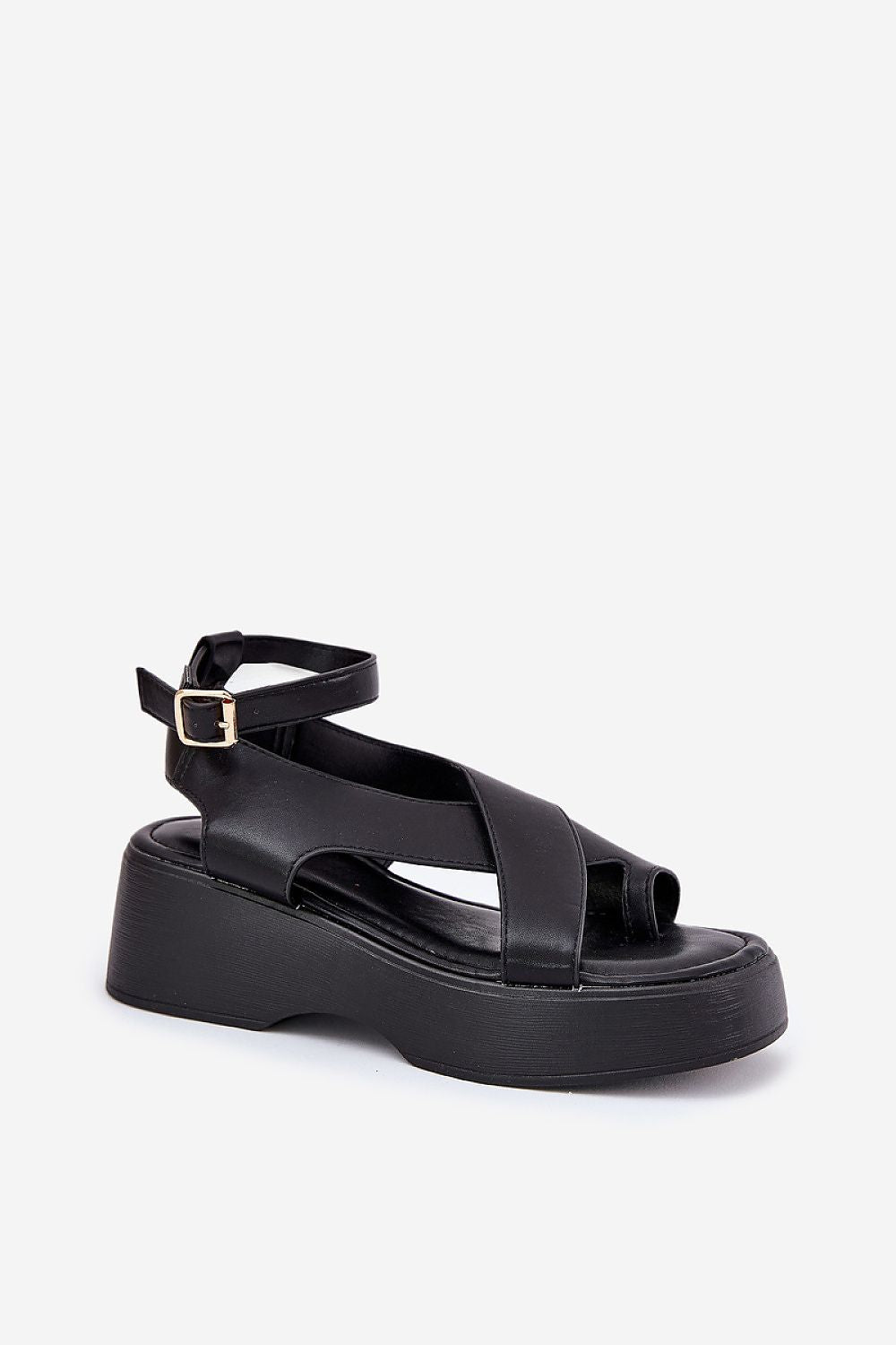 Lirianne Platform Buckle Sandals in black eco leather with wedge platform and ankle strap, perfect for stylish summer wear.