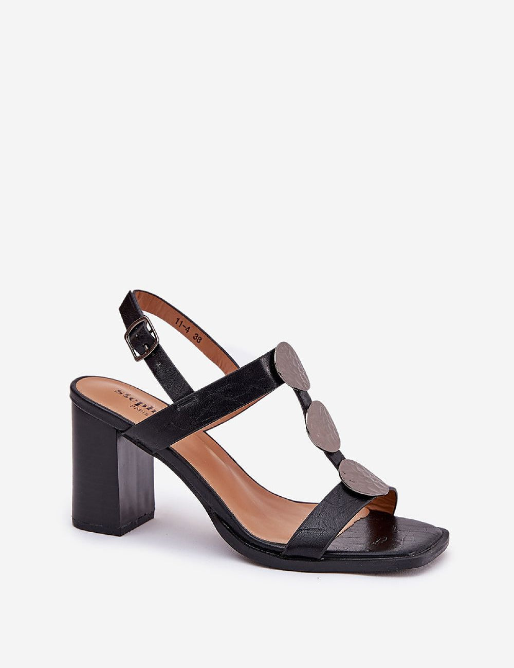 Stylish black leather block-heeled sandals with front embellishments, featuring an adjustable ankle strap and open toe design.