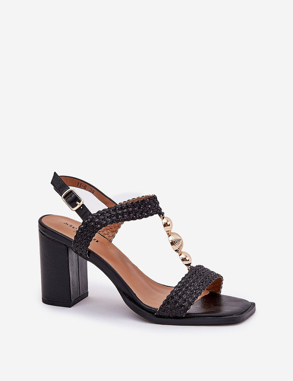 Marinia Braided Column-Heel Sandals with gold ornament, elegant braided straps, and 9 cm heel for weddings and summer events.