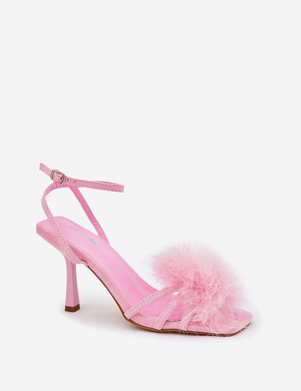 Lavea pink feather-embellished stilettos with eco suede finish, 9 cm heel, slim ankle strap, perfect for evening wear or weddings.