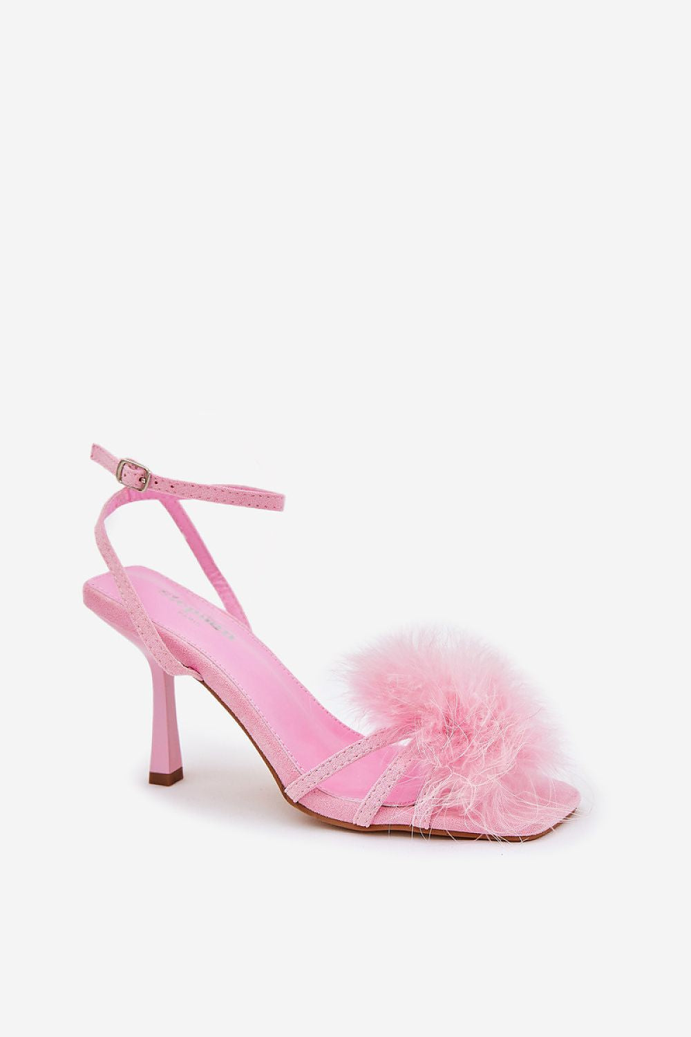 Lavea pink feather-embellished stilettos with eco suede finish, 9 cm heel, slim ankle strap, perfect for evening wear or weddings.