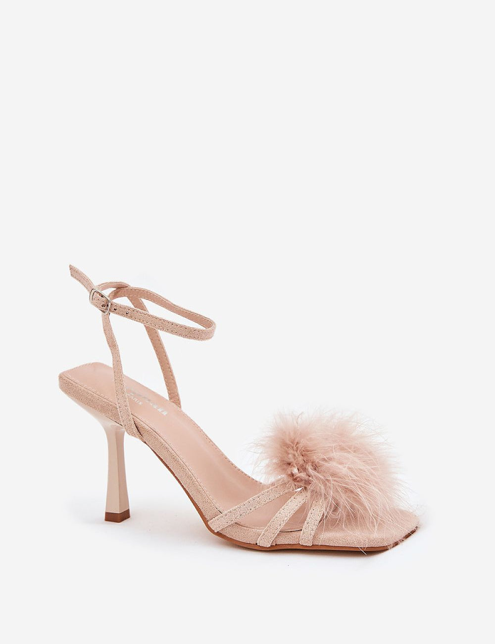 Lavea Feather-Embellished Stiletto Sandals with Eco Suede Finish and Adjustable Ankle Strap, Ideal for Weddings and Cocktail Events.