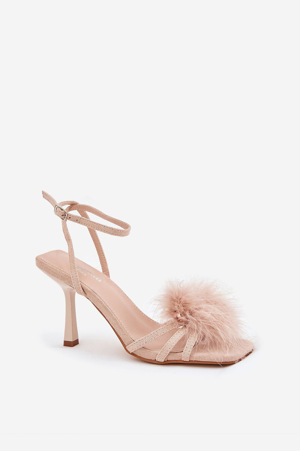 Lavea Feather-Embellished Stiletto Sandals with Eco Suede Finish and Adjustable Ankle Strap, Ideal for Weddings and Cocktail Events.
