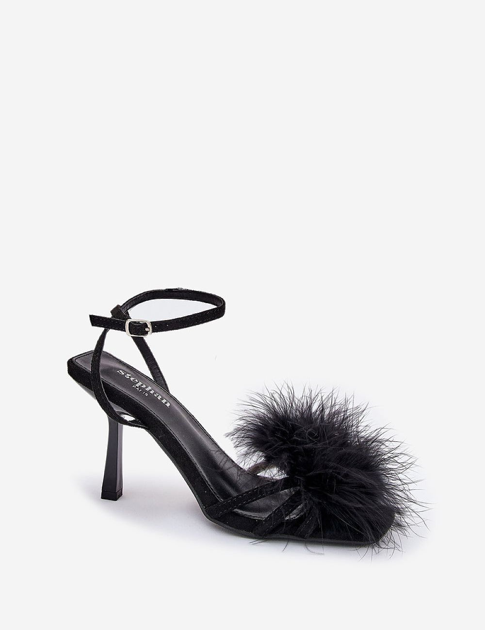Lavea feather-embellished stilettos with black suede and ankle strap, featuring a 9 cm heel, perfect for elegant evening wear.