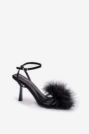 Lavea feather-embellished stilettos with black suede and ankle strap, featuring a 9 cm heel, perfect for elegant evening wear.