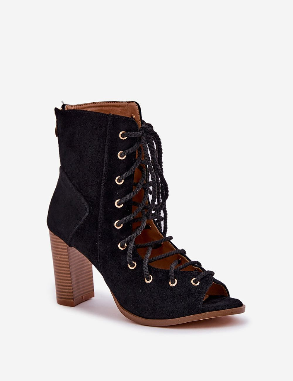 Rinella Block Heel Lace Sandals in black eco suede with laced upper and zipper back, featuring a bold, stylish block heel.