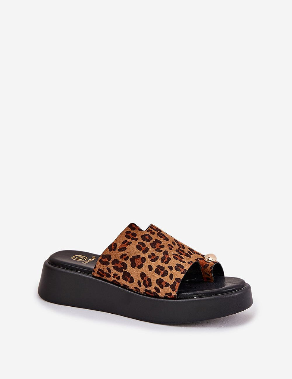 Leopard print wedge sandal with eco suede upper and black platform, featuring a subtle front embellishment for stylish comfort.