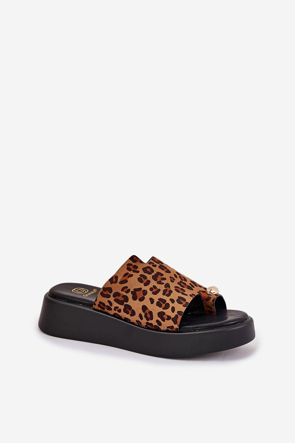 Leopard print wedge sandal with eco suede upper and black platform, featuring a subtle front embellishment for stylish comfort.