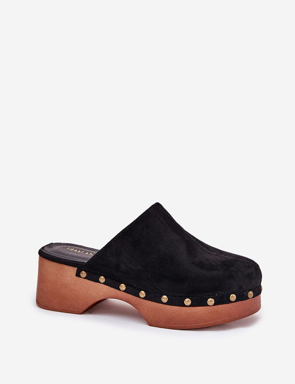 Corveda black studded suede wedge clogs with bohemian design, rounded toe, cushioned eco leather insole, and stable heel for comfort.