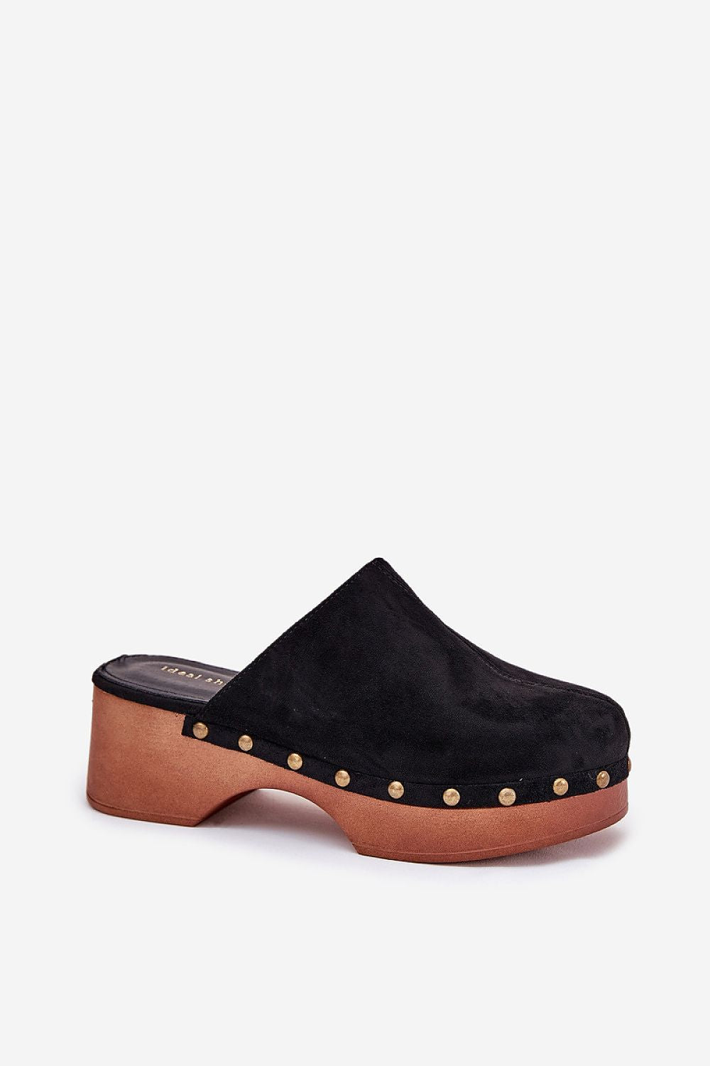 Corveda black studded suede wedge clogs with bohemian design, rounded toe, cushioned eco leather insole, and stable heel for comfort.