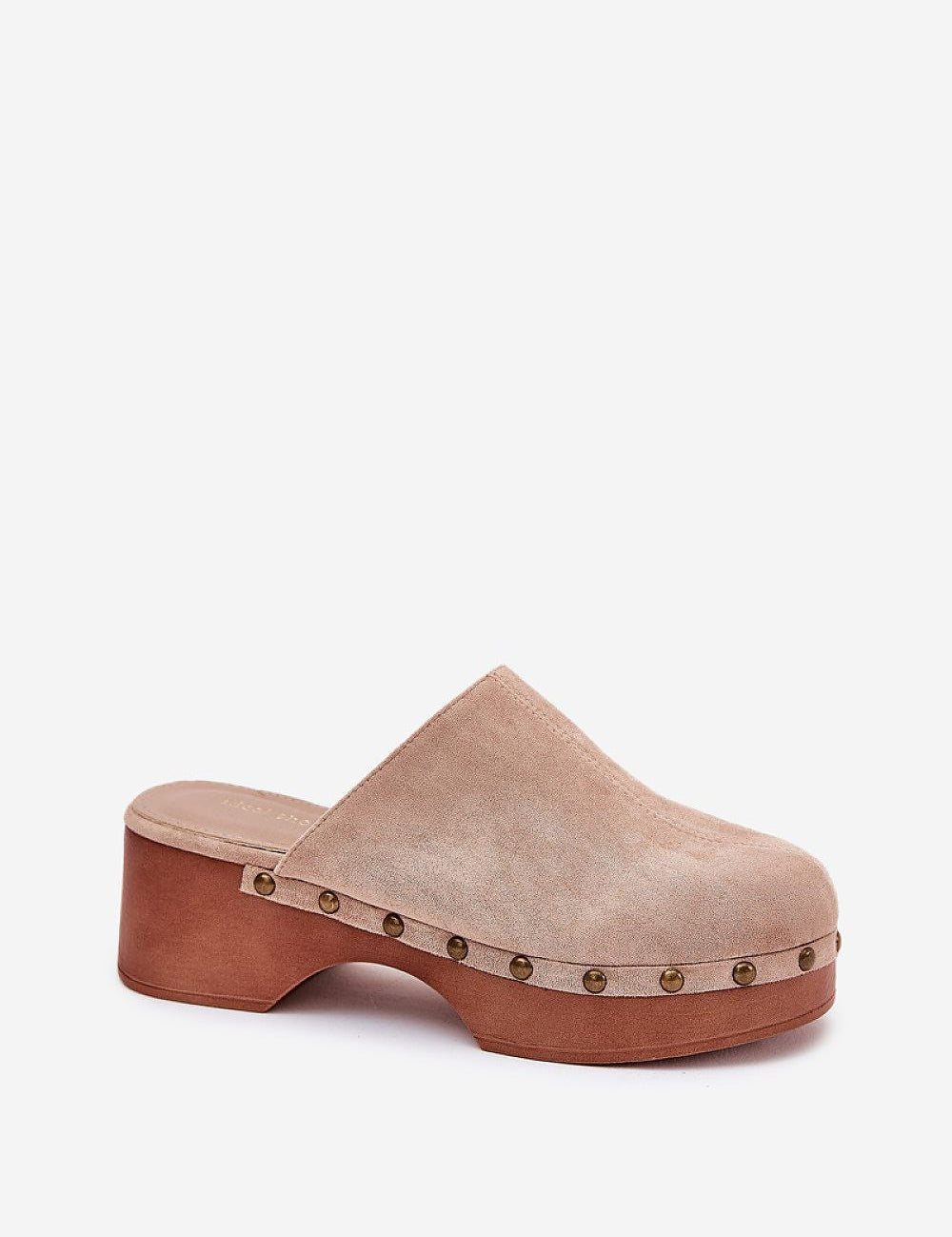 Corveda Studded Suede Wedge Clogs with bohemian charm, eco suede, studded trim, wedge heel, rounded toe, and cushioned insole.