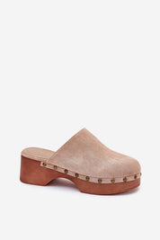 Corveda Studded Suede Wedge Clogs with bohemian charm, eco suede, studded trim, wedge heel, rounded toe, and cushioned insole.