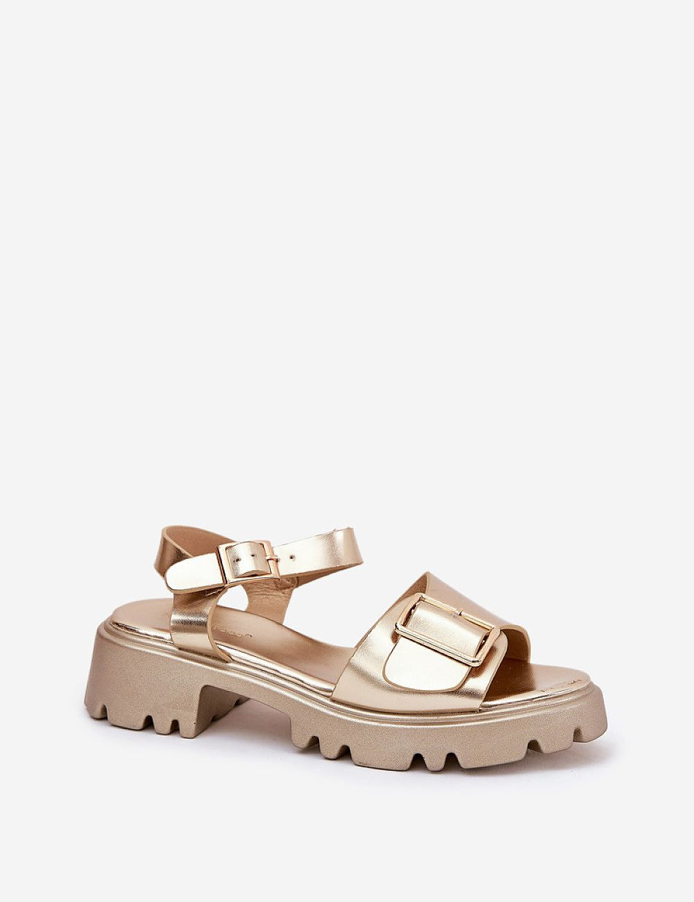 Talmera buckled platform sandals in gold, with eco leather finish and minimalist flat sole, ideal for warm weather styling.