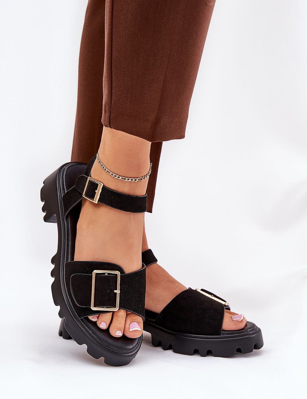 Talmera Buckled Platform Sandals with gold accents, minimalist design for everyday wear, featuring eco leather and flat platform sole.