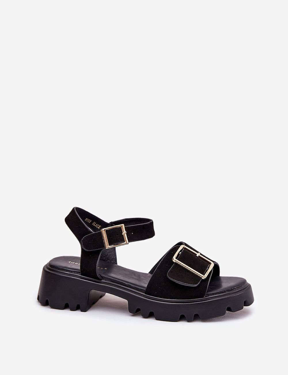Black Talmera Buckled Platform Sandals with gold buckle and flat sole, made from eco leather for comfort and style.