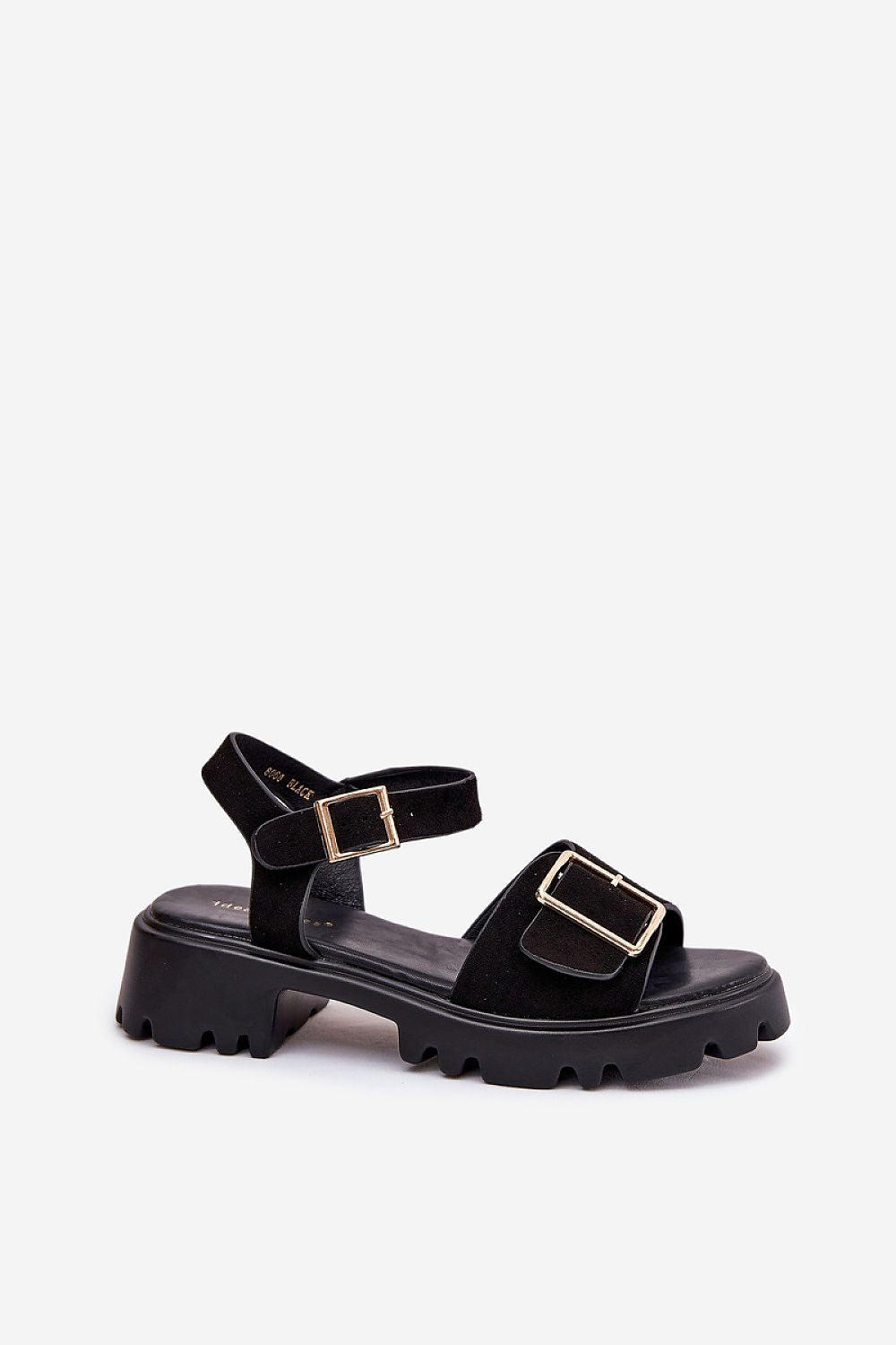 Black Talmera Buckled Platform Sandals with gold buckle and flat sole, made from eco leather for comfort and style.