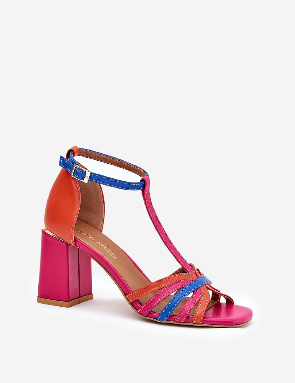 Colorful Elanira leather sandals with block heel, featuring a multicolor design and adjustable ankle strap, perfect for elegant wear.