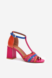 Colorful Elanira leather sandals with block heel, featuring a multicolor design and adjustable ankle strap, perfect for elegant wear.