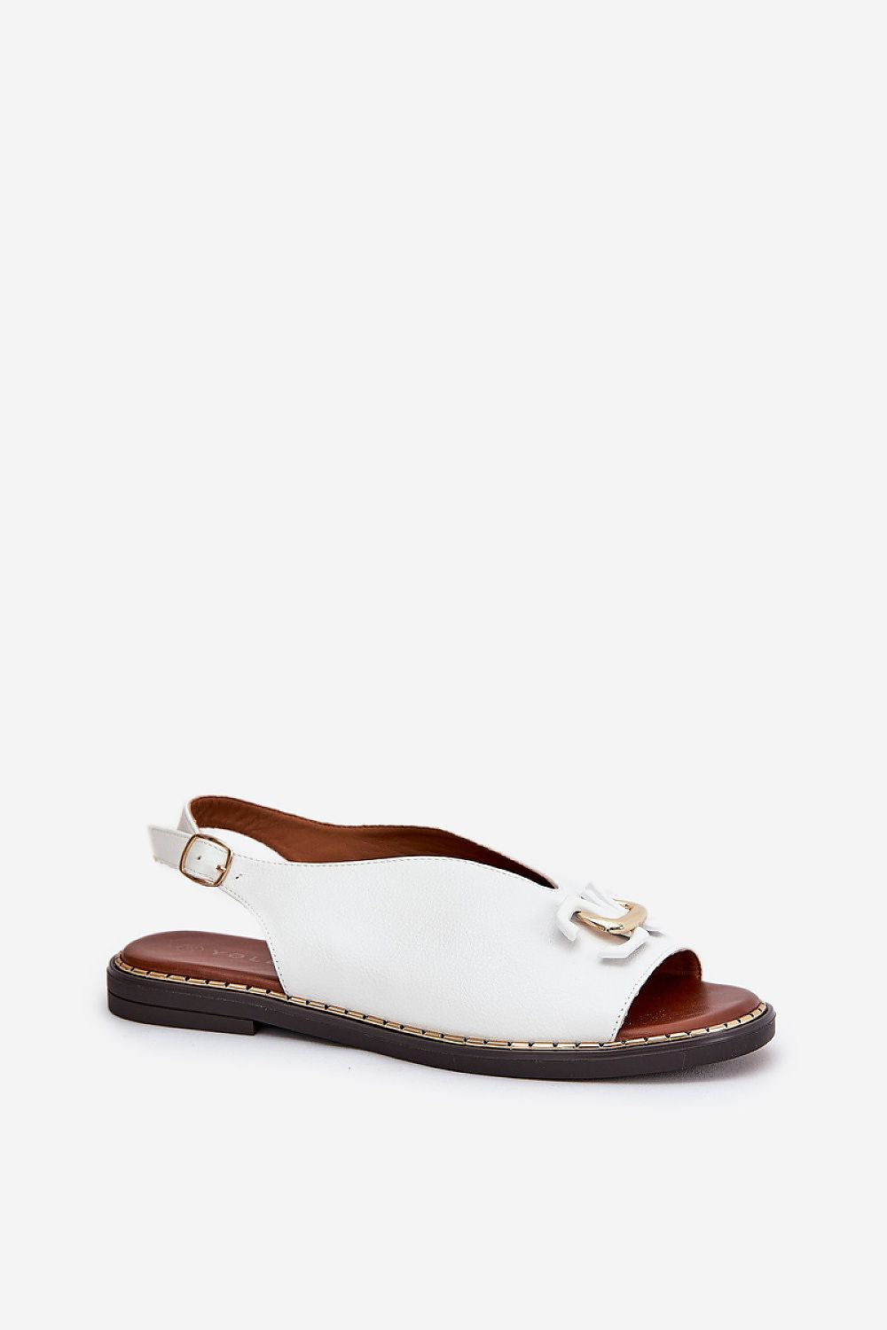 Almira Flat Eco-Leather Sandals with buckle strap, low 1.5 cm heel, and subtle front detail for elegant summer wear.