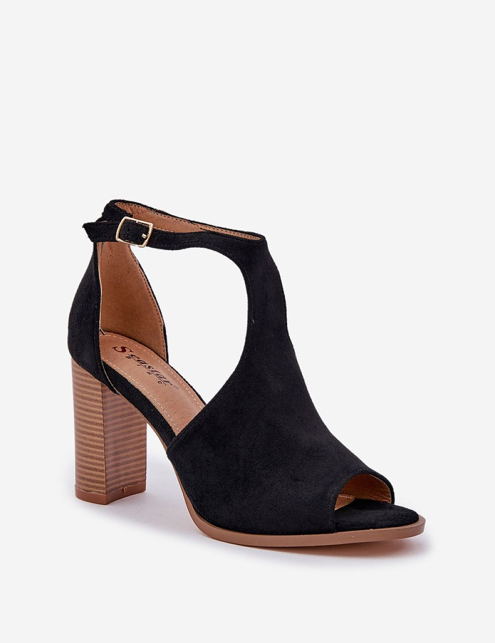 Elegant black Elanvera suede heeled sandal with buckle strap, made of soft eco-suede, featuring a 9 cm stable heel for comfort.