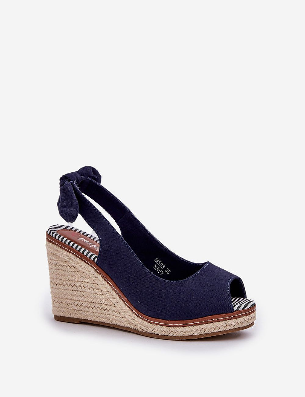 Elavira wedge sandals with navy textile and braided high heel, perfect for summer strolls with rear loop detail.