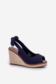 Elavira wedge sandals with navy textile and braided high heel, perfect for summer strolls with rear loop detail.