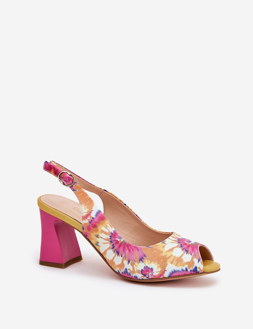 Colorful floral open-toe slingback sandal with pink block heel and adjustable strap, perfect for summer outfits and occasions.