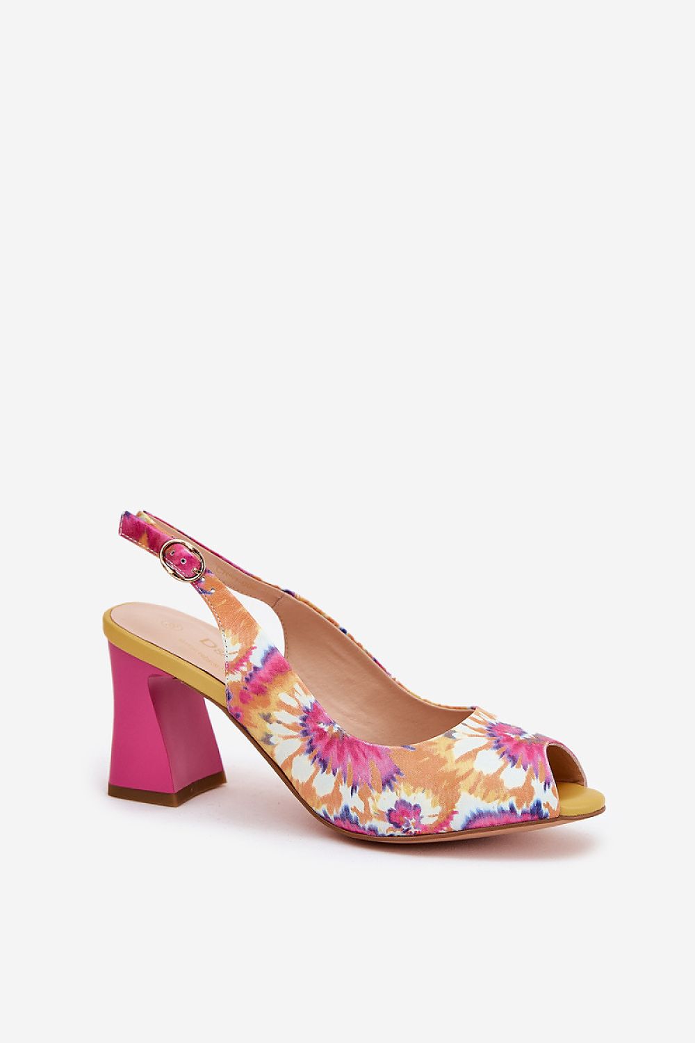 Colorful floral open-toe slingback sandal with pink block heel and adjustable strap, perfect for summer outfits and occasions.