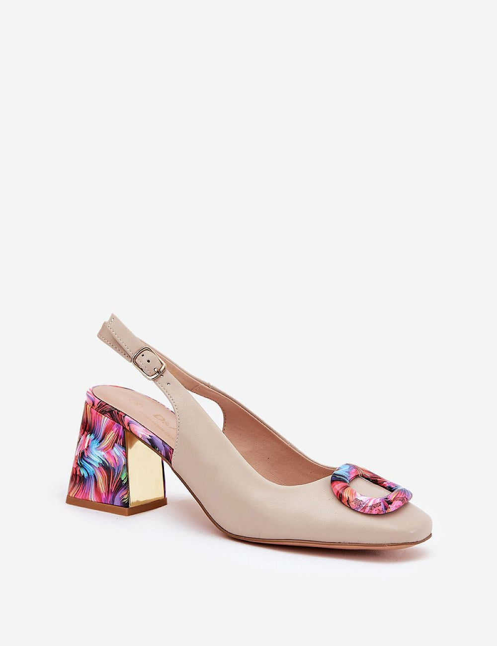 Mariselle Patterned Heel Leather Sandals with closed toe, colorful front ornament, 8 cm patterned heel, and adjustable ankle strap.
