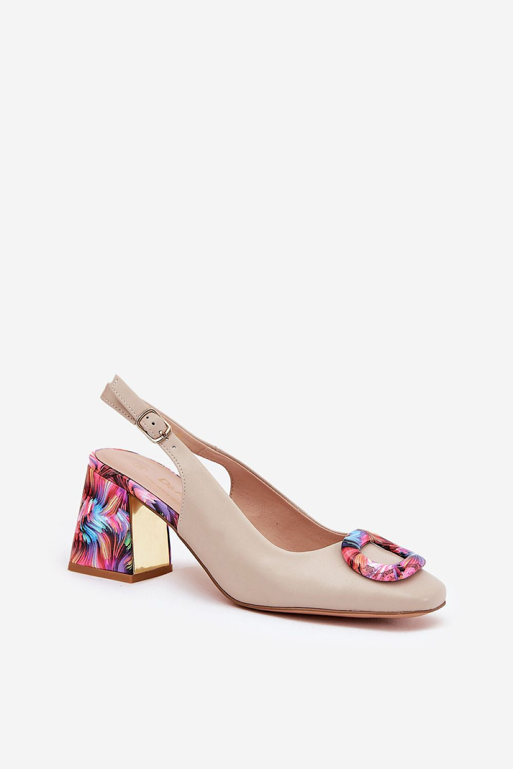Mariselle Patterned Heel Leather Sandals with closed toe, colorful front ornament, 8 cm patterned heel, and adjustable ankle strap.