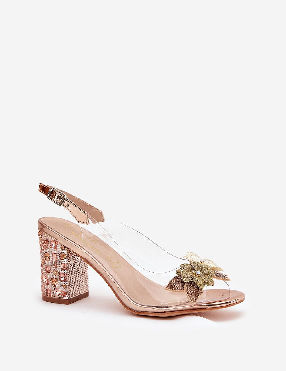 Aurelis Floral Clear-Heel Sandals with transparent upper, floral motif, and soft leather insole, perfect for eveningwear and festive events.