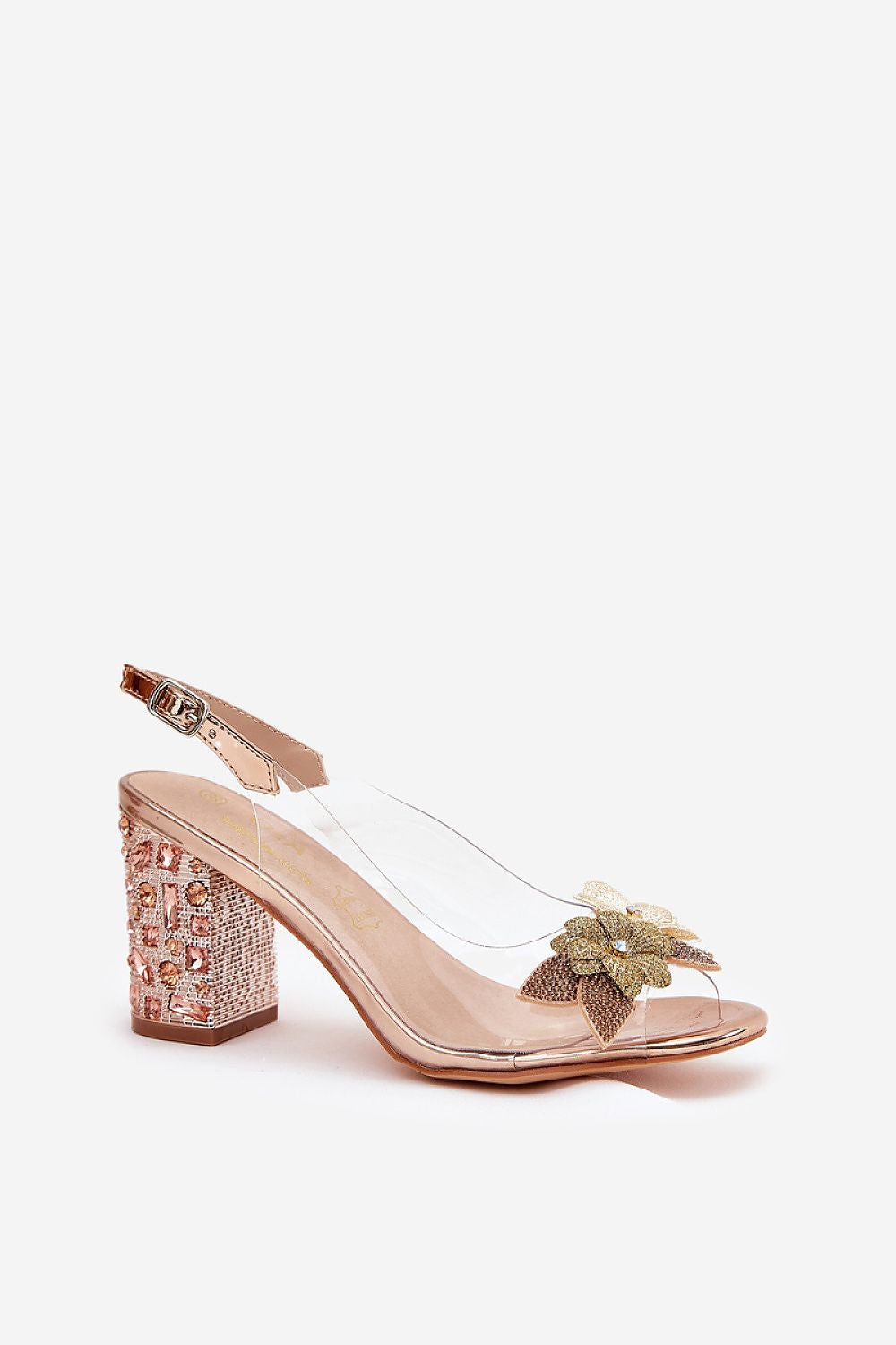 Aurelis Floral Clear-Heel Sandals with transparent upper, floral motif, and soft leather insole, perfect for eveningwear and festive events.