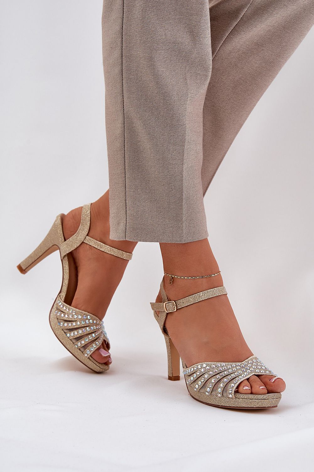 Ravenya Embellished Stiletto Sandals with brocade design and ankle strap, offering elegance and comfort for formal events.