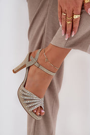 Ravenya Embellished Stiletto Sandals with brocade and delicate beads, adjustable ankle strap, stylish for formal events.