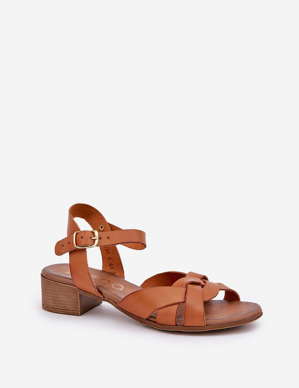 Valerinne Cross-Strap Leather Sandals in tan, featuring genuine leather, adjustable ankle closure, and low block heel for summer wear.