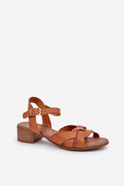 Valerinne Cross-Strap Leather Sandals in tan, featuring genuine leather, adjustable ankle closure, and low block heel for summer wear.