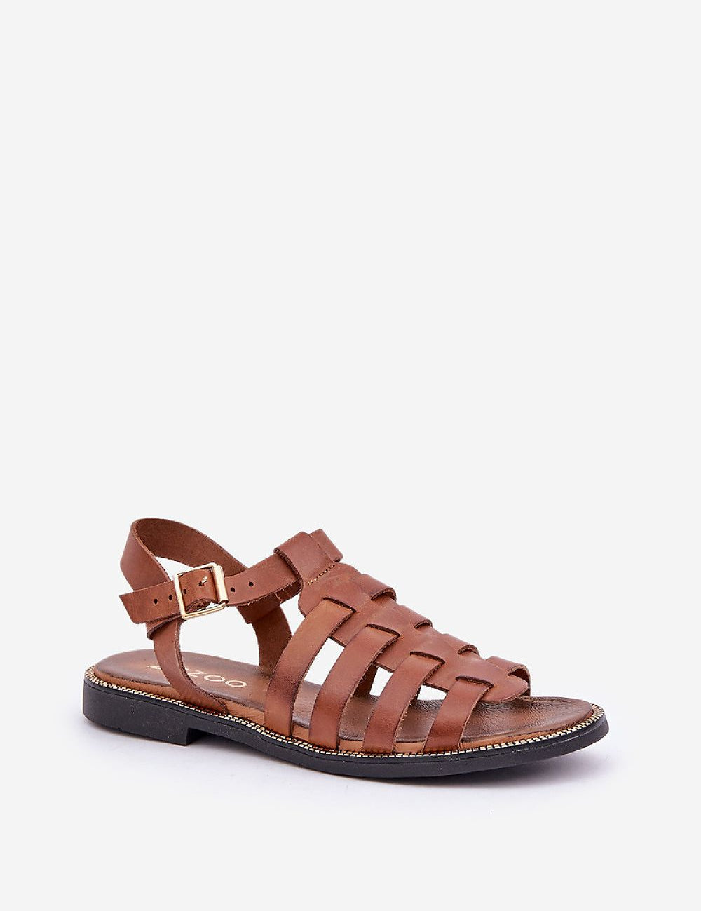 Celira flat leather sandals with brown strap design and buckle, ideal for casual and formal occasions, crafted for comfort.
