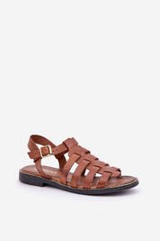 Celira flat leather sandals with brown strap design and buckle, ideal for casual and formal occasions, crafted for comfort.