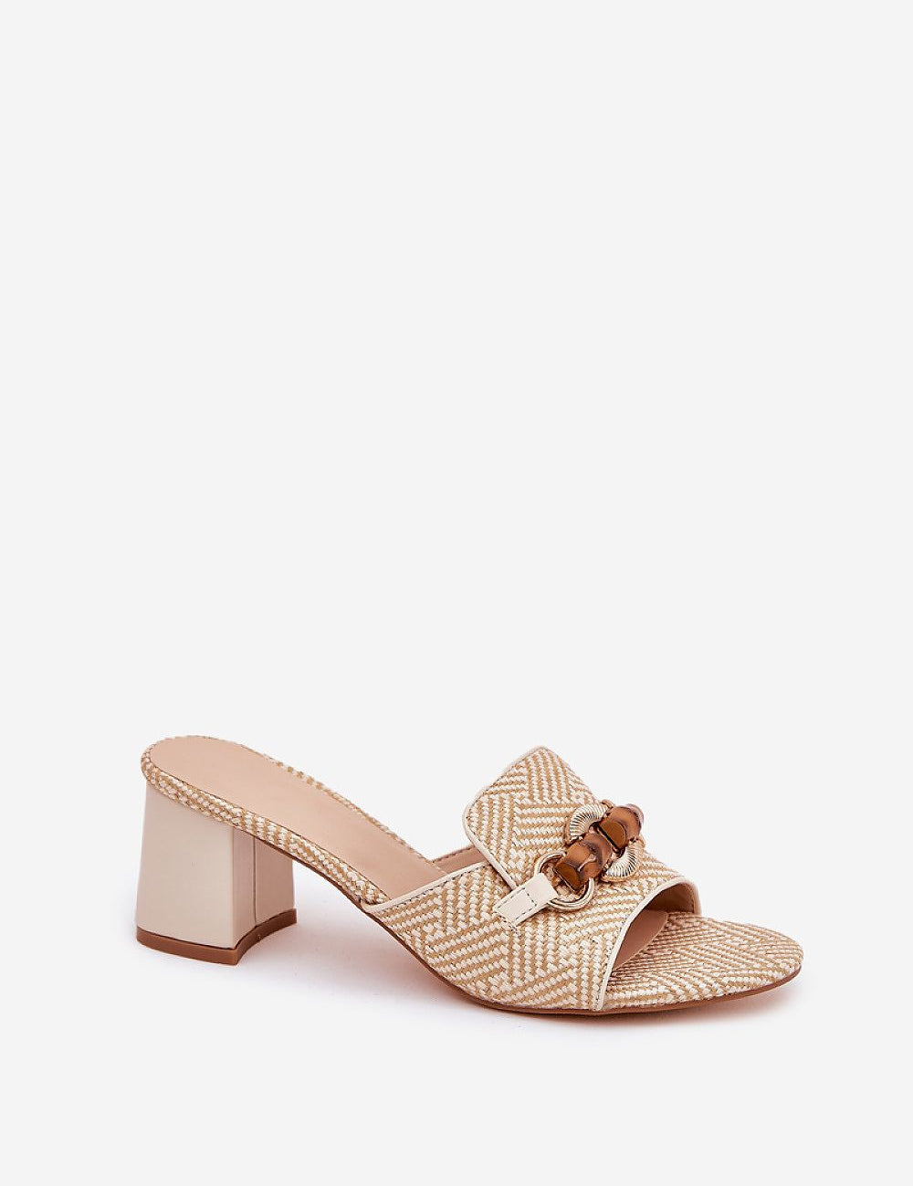 Mireta Woven Slip-Heel Sandals with decorative woven plastic upper and sturdy pillar heel, perfect for warm-weather styles.