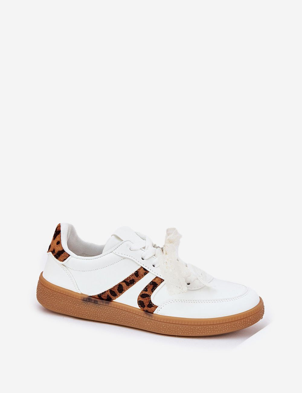 White low-top sneaker with detachable lace and leopard print accents, featuring a brown sole and smooth eco leather design for versatile wear.