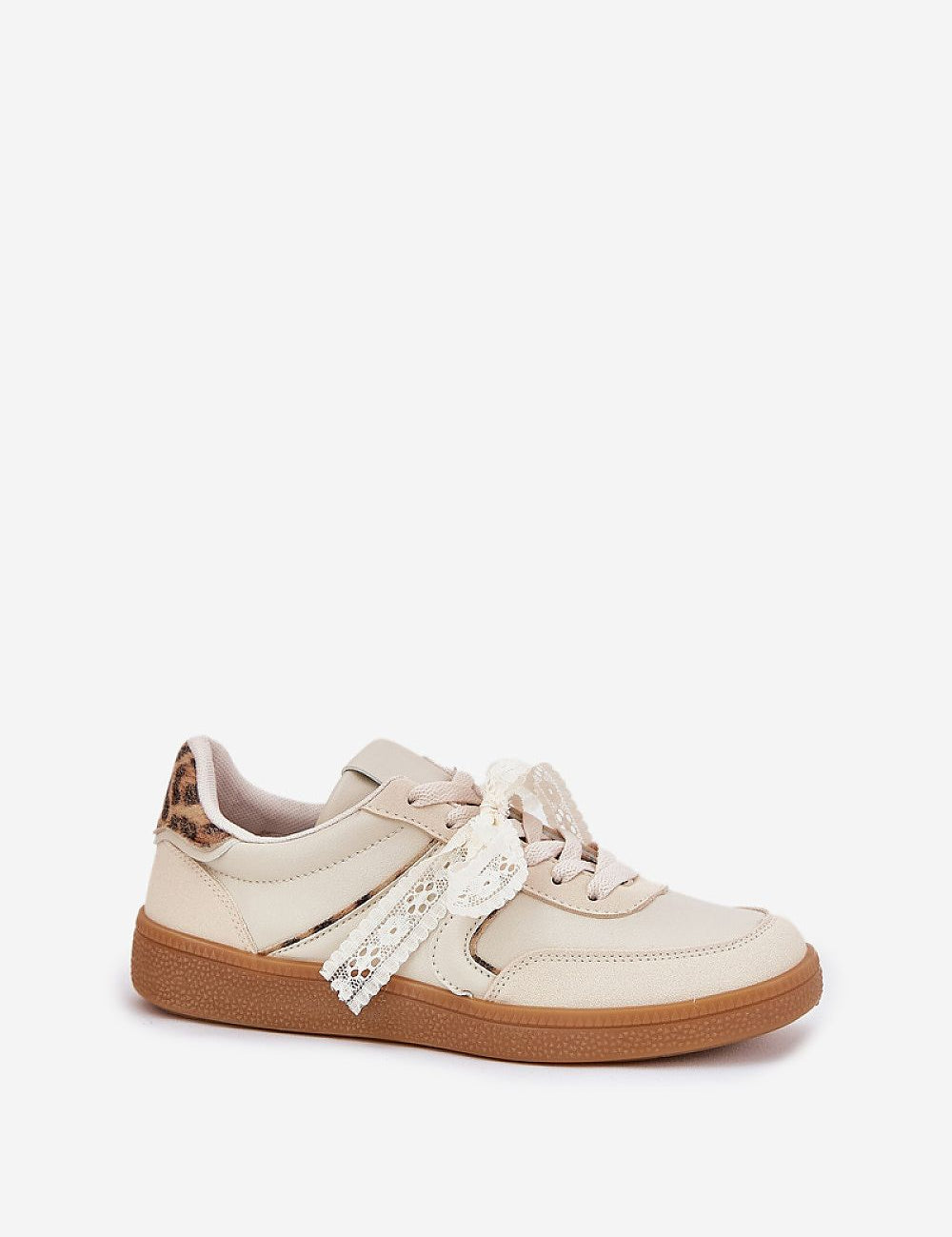 Zyrmira Custom Lace Sport Sneakers in beige eco leather with detachable lace accent and brown sole, designed for comfort and style.