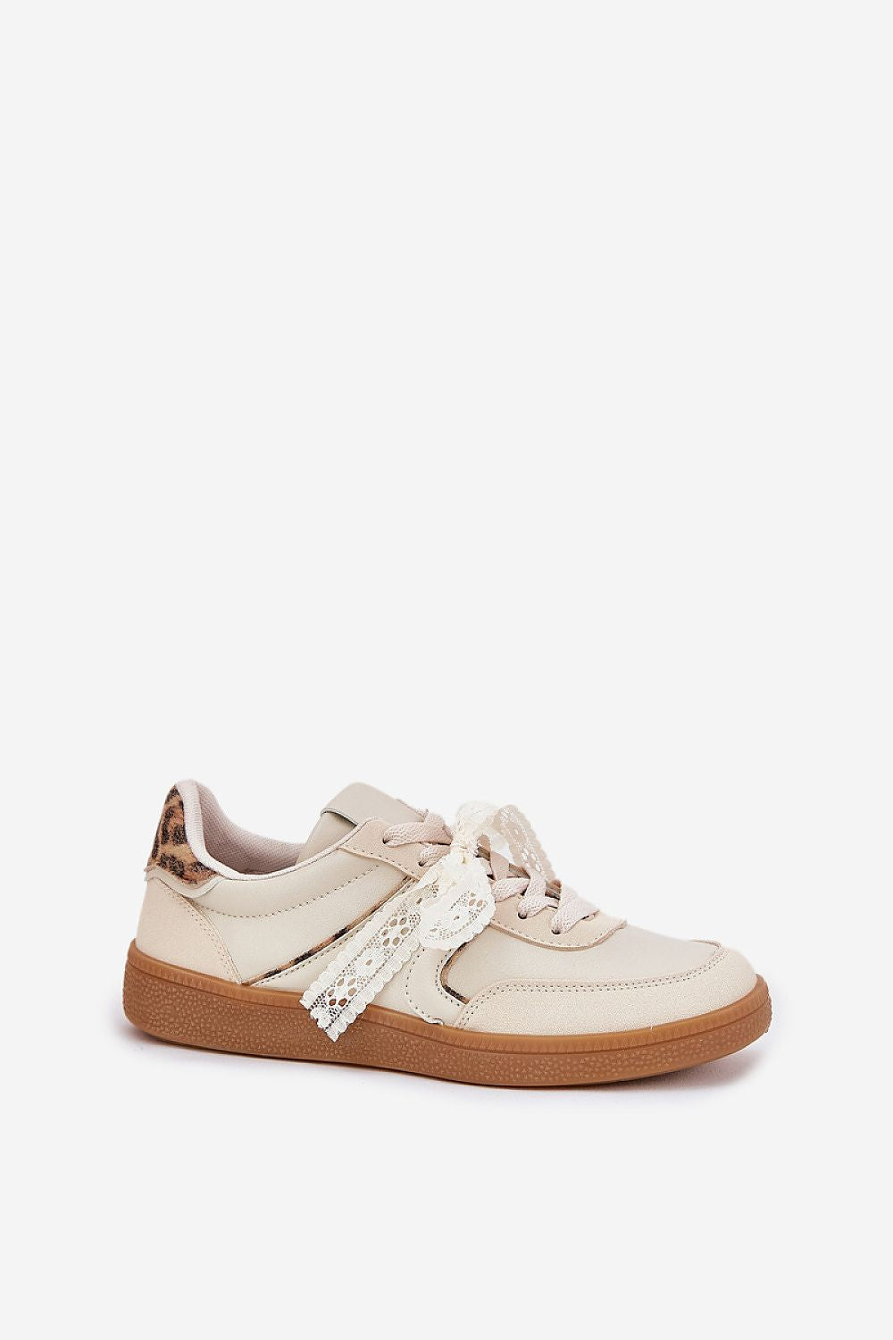 Zyrmira Custom Lace Sport Sneakers in beige eco leather with detachable lace accent and brown sole, designed for comfort and style.