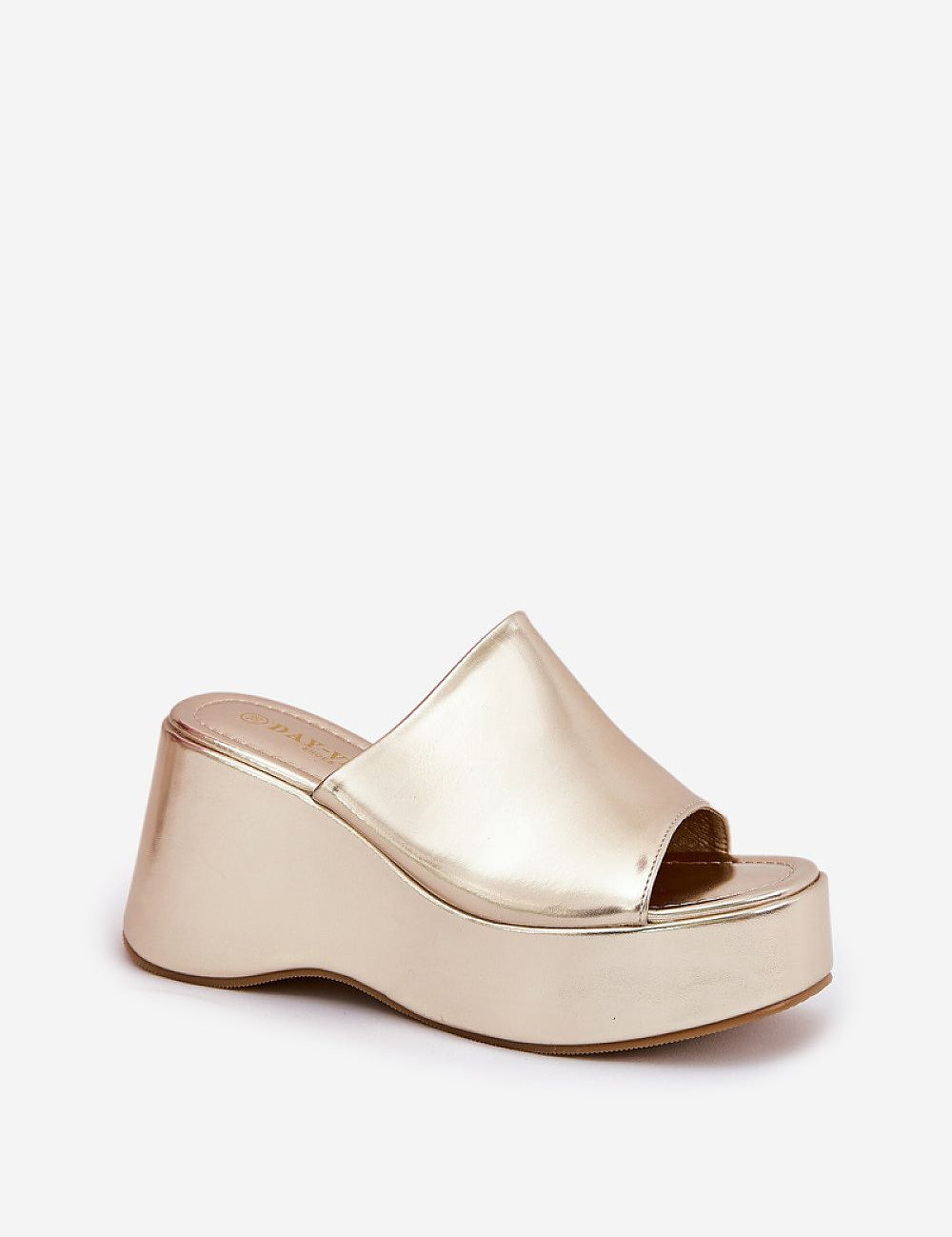 Selentia faux leather wedge sandals with open-toe design and wide platform, featuring sleek gold finish. Perfect for stylish comfort.