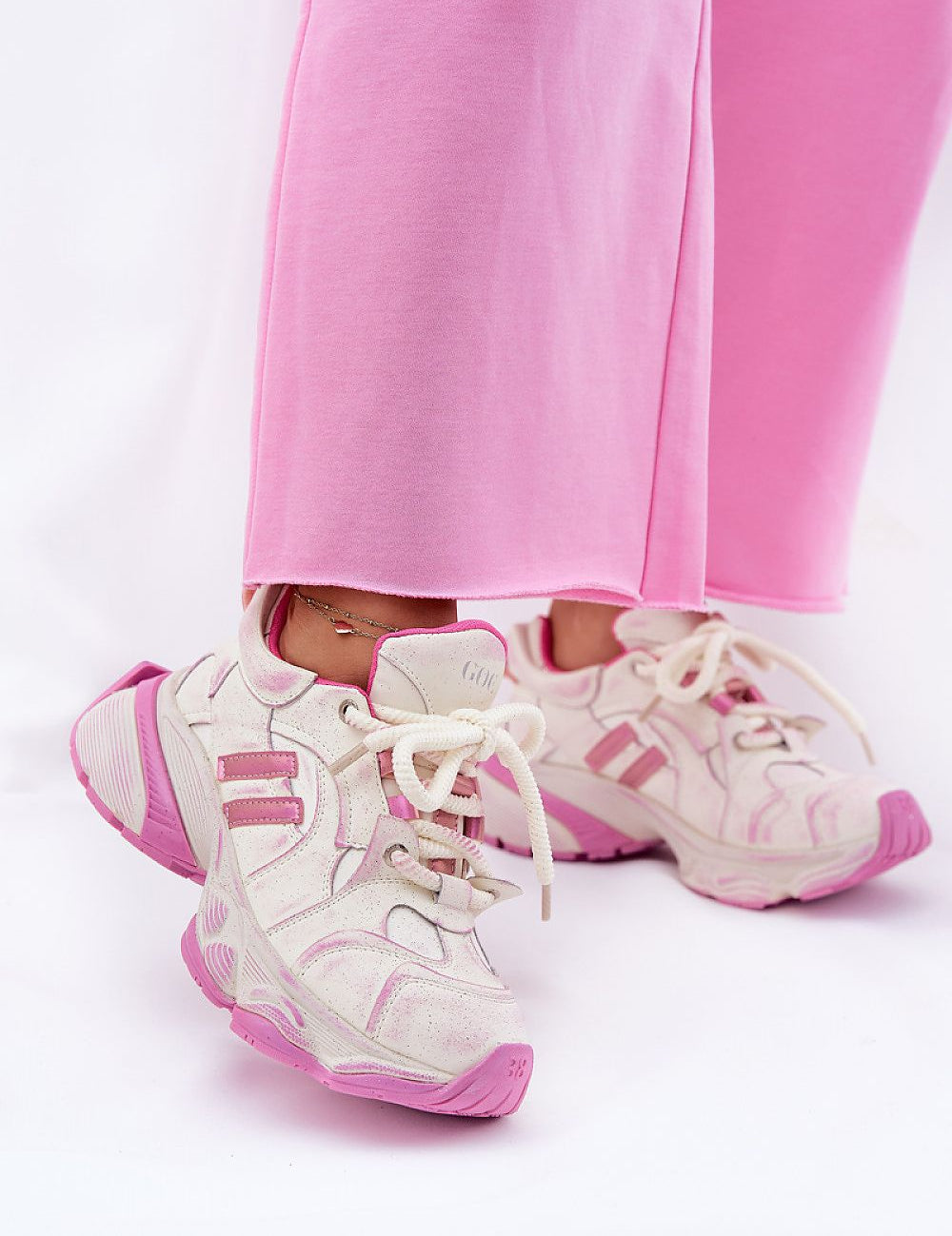 Pink and white Avrielle Sequin Lace-Up Sport Shoes with platform sole, featuring decorative sequins and thick laces for a bold style.
