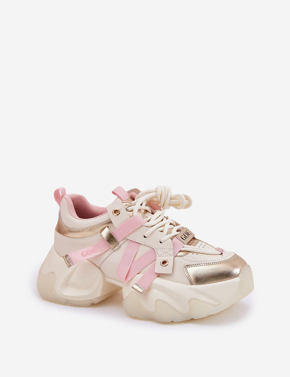 Isalvien double-lace sport shoes with bold platform sole, pink accents, crafted from leather for comfort and modern style.