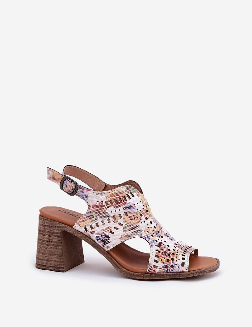 Women's perforated block heel sandal in multicolor leather with adjustable ankle strap, featuring a unique cutout design.