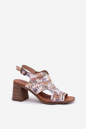 Women's perforated block heel sandal in multicolor leather with adjustable ankle strap, featuring a unique cutout design.